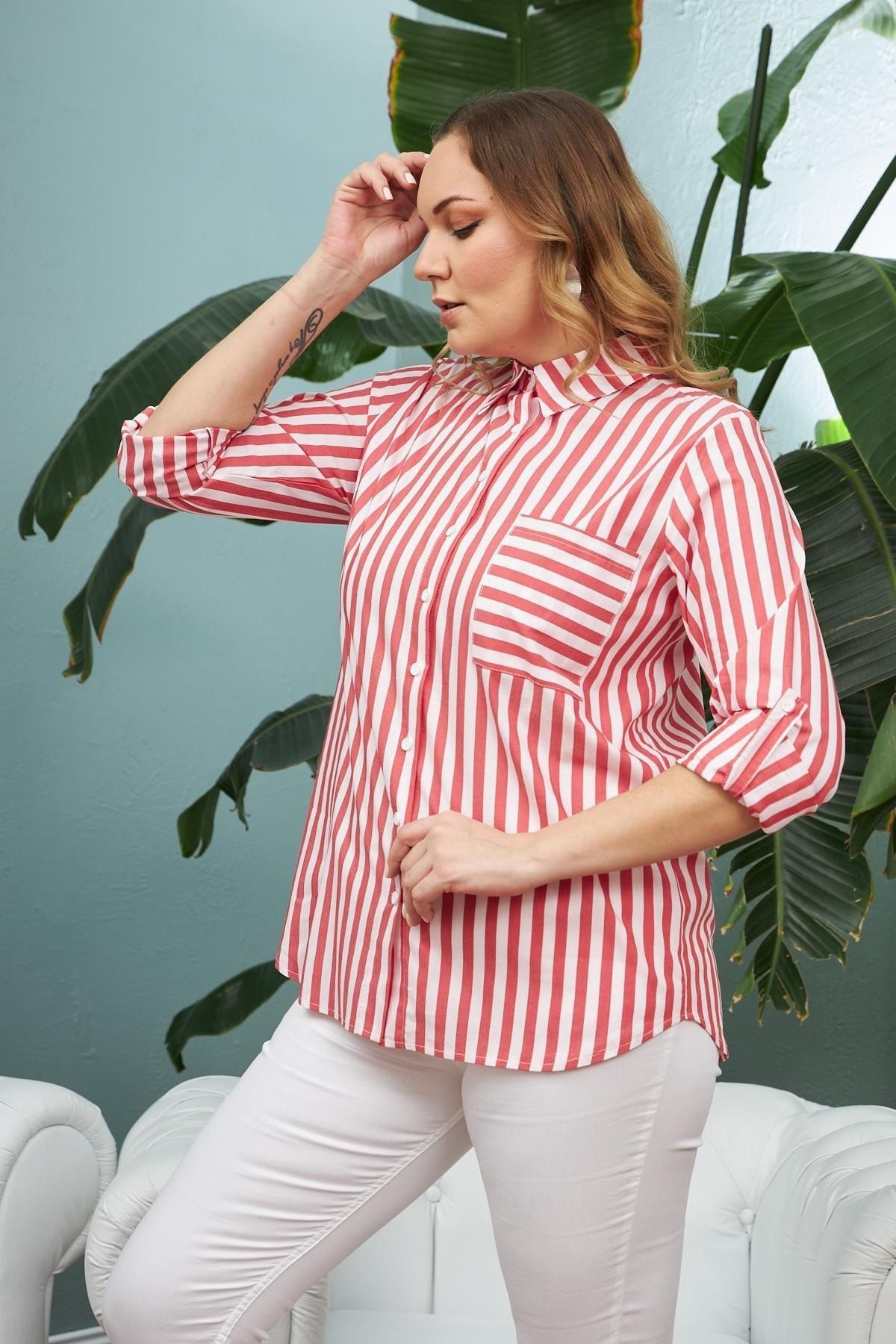 Plus size red outlet and white striped shirt