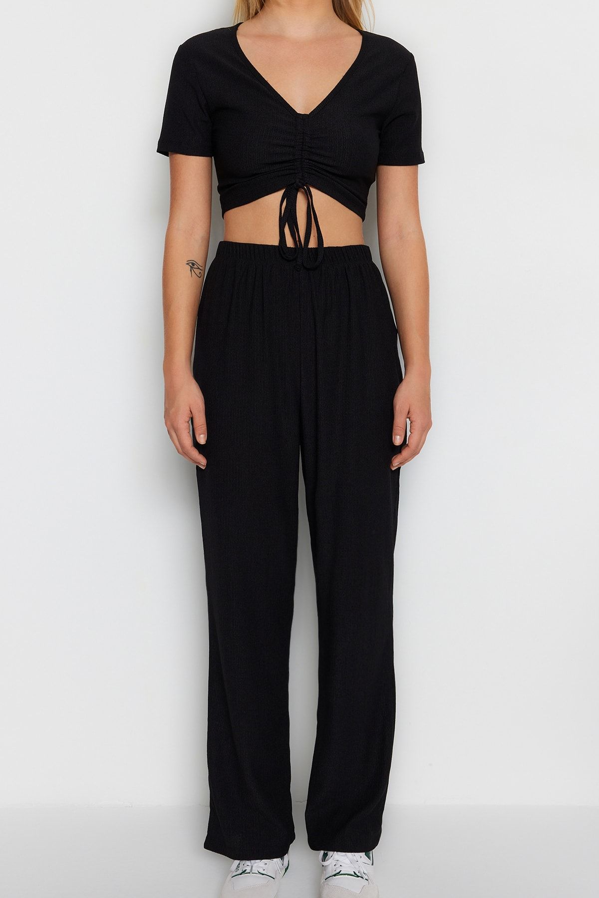 Trendyol Collection-Black Drawstring Detailed Undershirt-Pants Knitted Pajama Set THMSS23AU00032 4