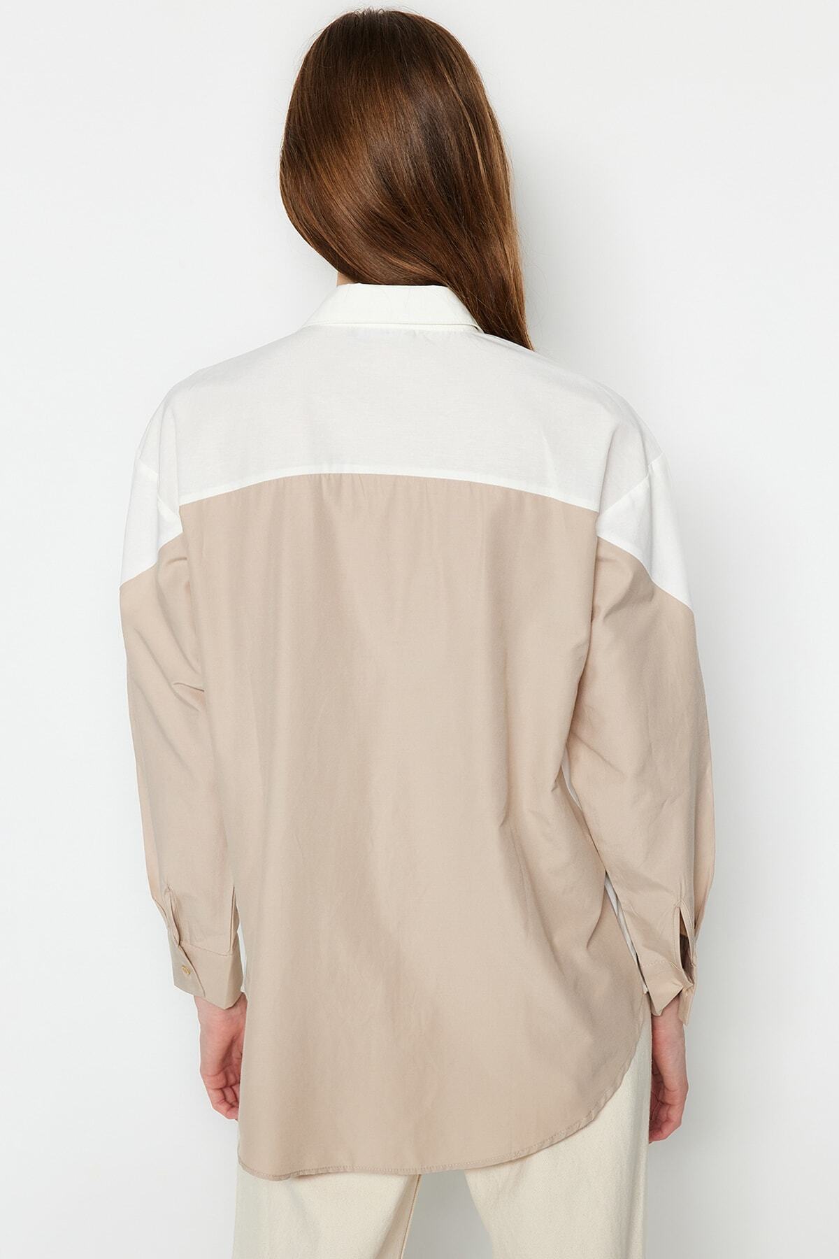 Trendyol Collection-Ecru Color Block Boyfriend széles szabású szőtt ing TWOSS23GO00393 7