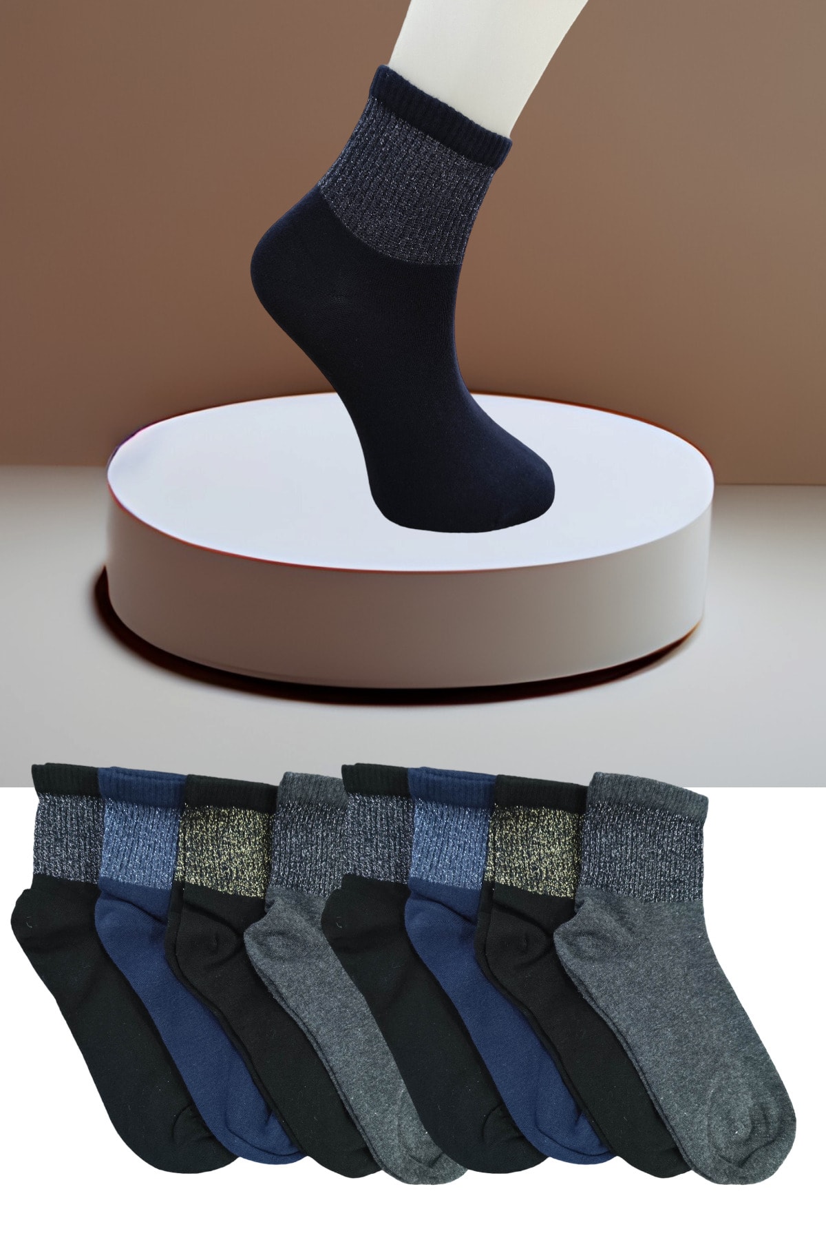 erceys Kadın Dikişsiz 8 Çift Penye Orta Konç Simli Soket Çorap