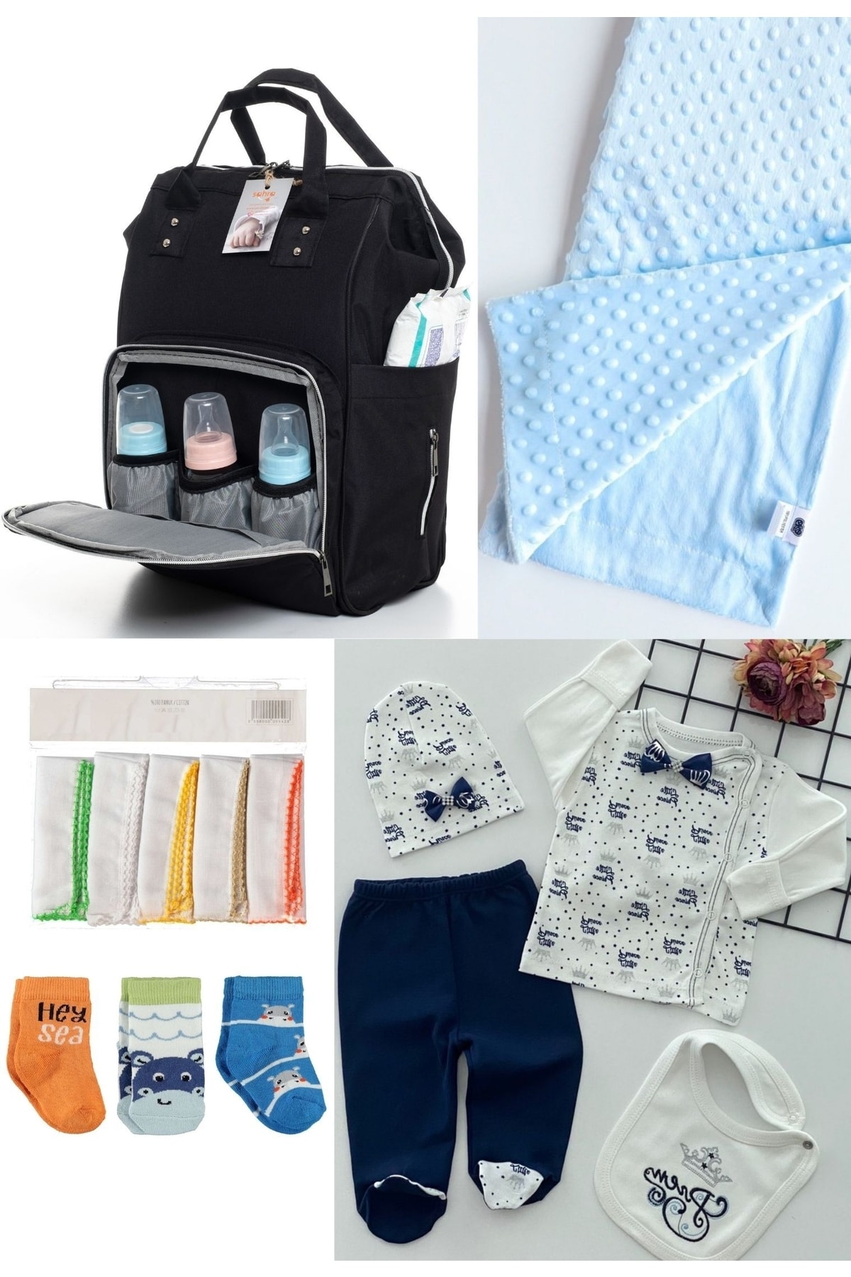 5-Piece Delivery Set (Baby Care Backpack,Hospital Checkout,Chickpea Blanket, 10 Wipes and 3 Socks)