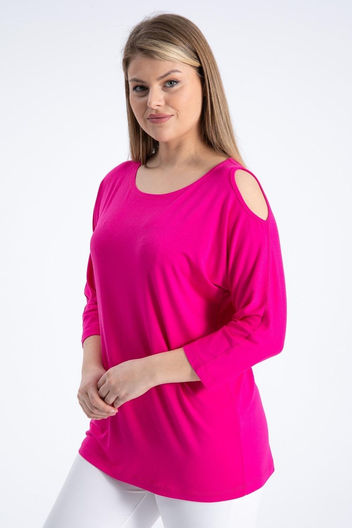 Nelly-Plus Size One Shoulder Light Fuchsia Color Blouse 2