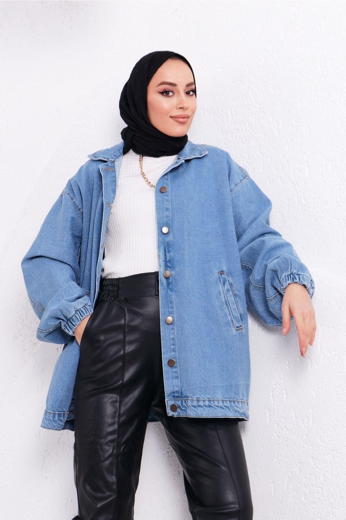 lurex moda-سترة دنيم كبيرة الحجم بأكمام مرنة 3