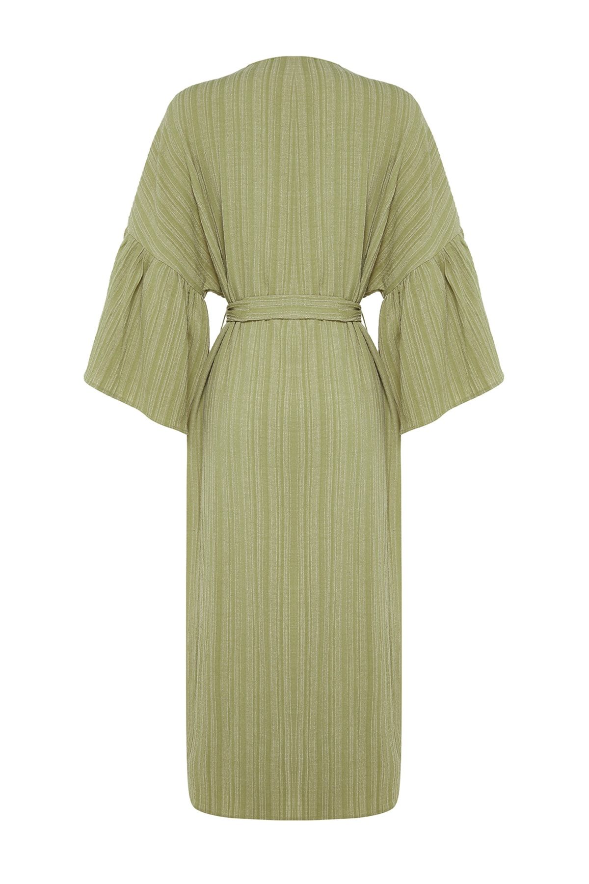 Trendyol Collection-Kimono și caftan în amestec de in, țesute maxi cu brâuri kaki TBESS23KM00028 8