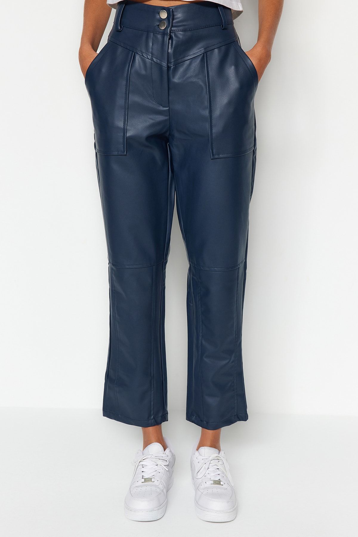 Navy blue faux leather pants new arrivals
