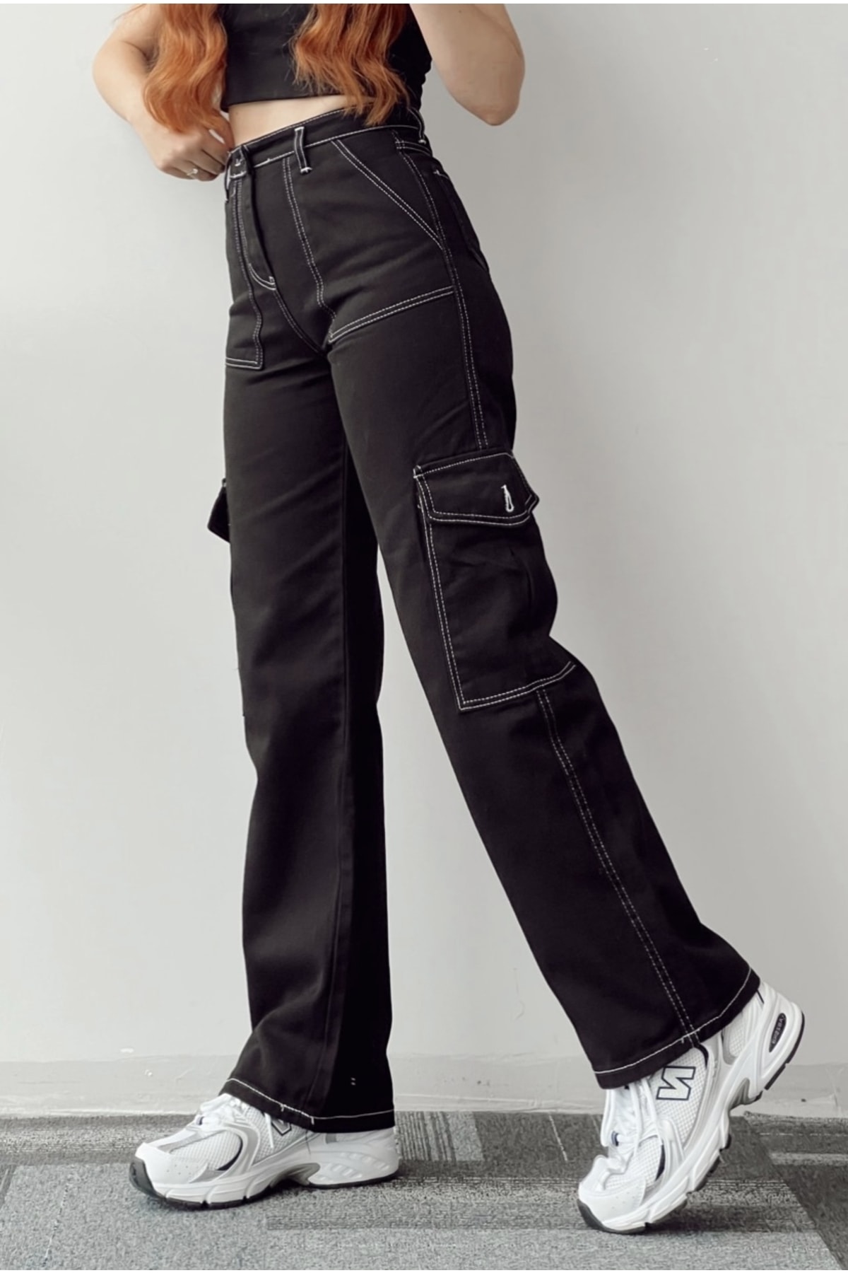 Gofeel Y2k Beyaz Ters Dikişli Siyah Kargo Cep Wide Unisex Jeans