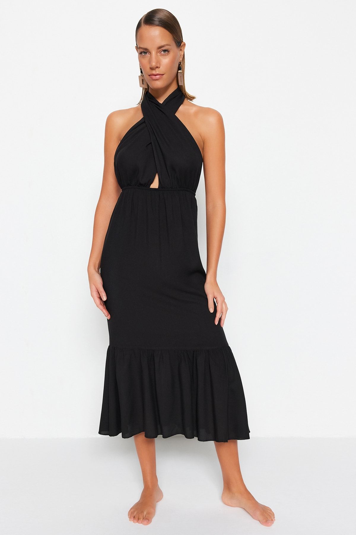 Trendyol Collection Czarna Sukienka Plażowa Midi Z Tkanym Krzyżowym Wiązaniem Tbess23el00087 Kobieta - 38