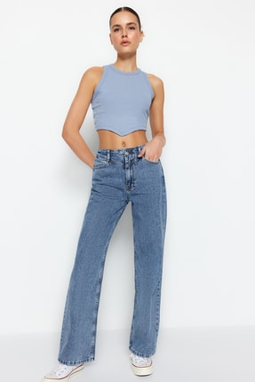 TRENDYOLMİLLA Koyu Mavi Bel Detaylı Yüksek Bel Wide Leg Jeans TWOSS21JE0385