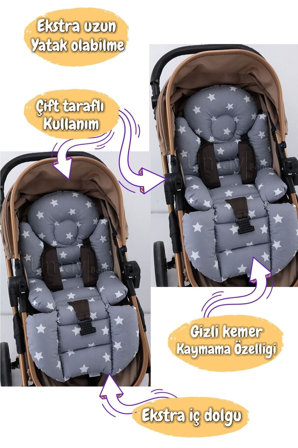 Umaybebek 4 Parça - Puset Örtüsü, Bel Destekli Bebek Arabası Minderi, Puset Minderi, Puset Çarşafı - Panço fotoğrafı 2 (önizleme)