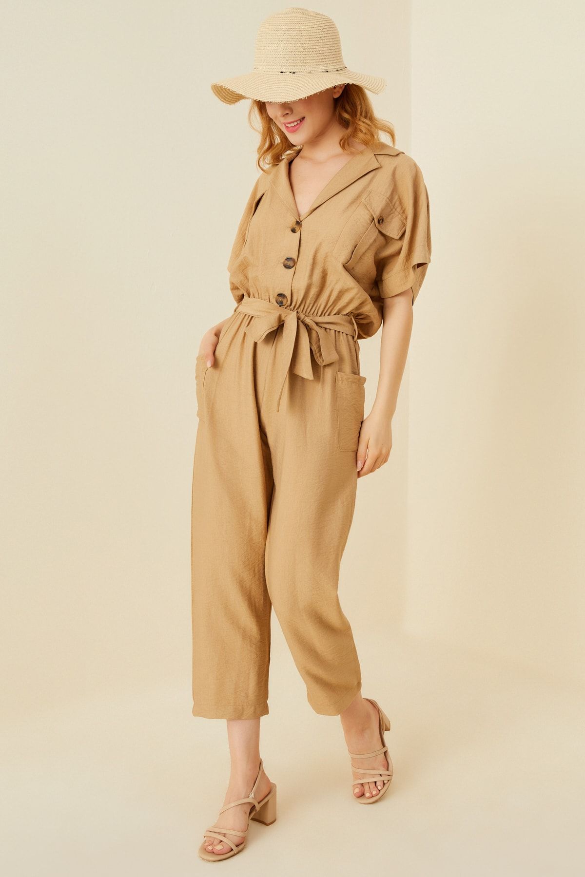 soBasic-Beige Belted Jumpsuit with Elastic Waist and Pocket Detail 2