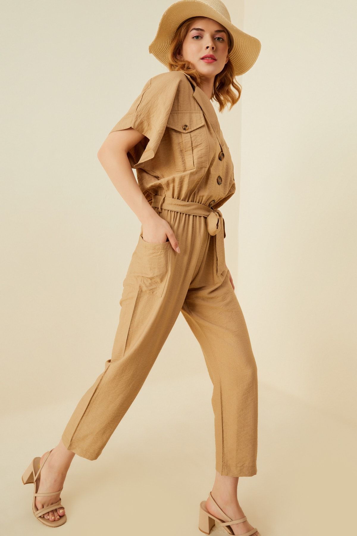 soBasic-Beige Belted Jumpsuit with Elastic Waist and Pocket Detail 3