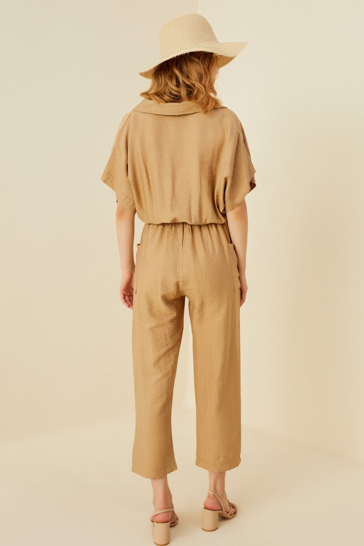 soBasic-Beige Belted Jumpsuit with Elastic Waist and Pocket Detail 6