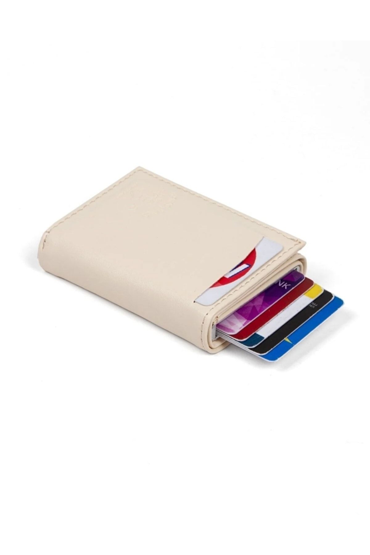 Newish Polo-Women's Beige Leather Mechanism Automatic Slide Card Holder Wallet with 8 Card Compartments (7CMX10CM) 6