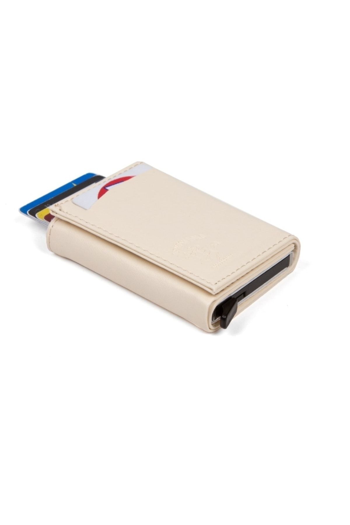 Newish Polo-Women's Beige Leather Mechanism Automatic Slide Card Holder Wallet with 8 Card Compartments (7CMX10CM) 7