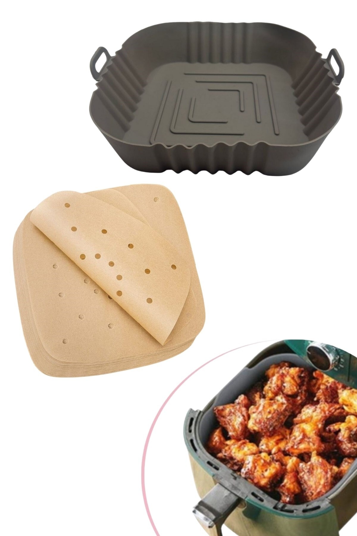 Buffer ® Silicone Oven and Airfryer Square Gray Baking Mat 20 Cm and 100 Pieces of Disposable Baking Paper