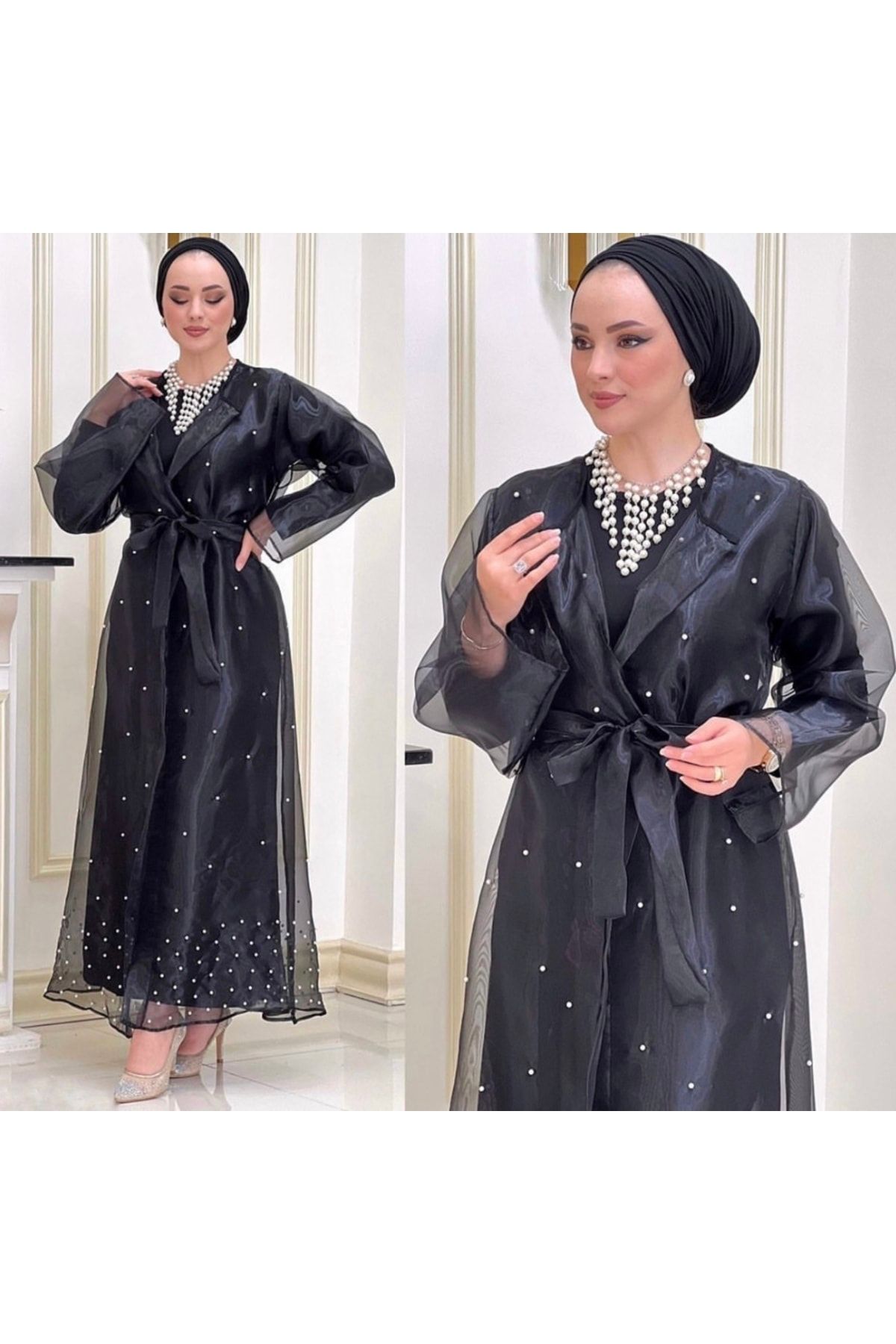 gizemsevincollection Organze Incili Detaylı Abaya Özel Gün Elbisesi