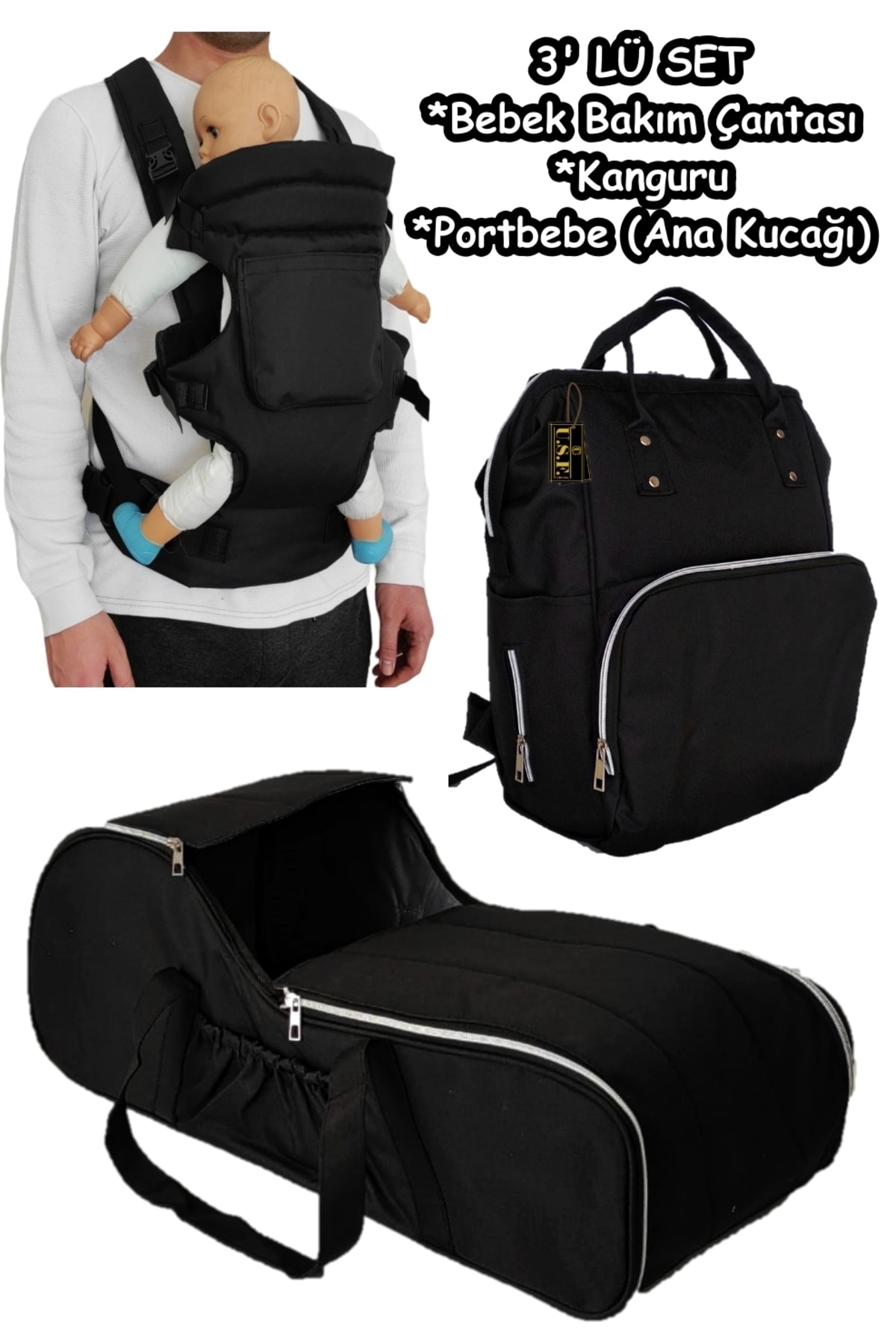 USF Portbebe Ana Kucağı + Bebek Taşıma Kanguru + Bebek Bakım Çantası 3 Lü Set Düz-siyah