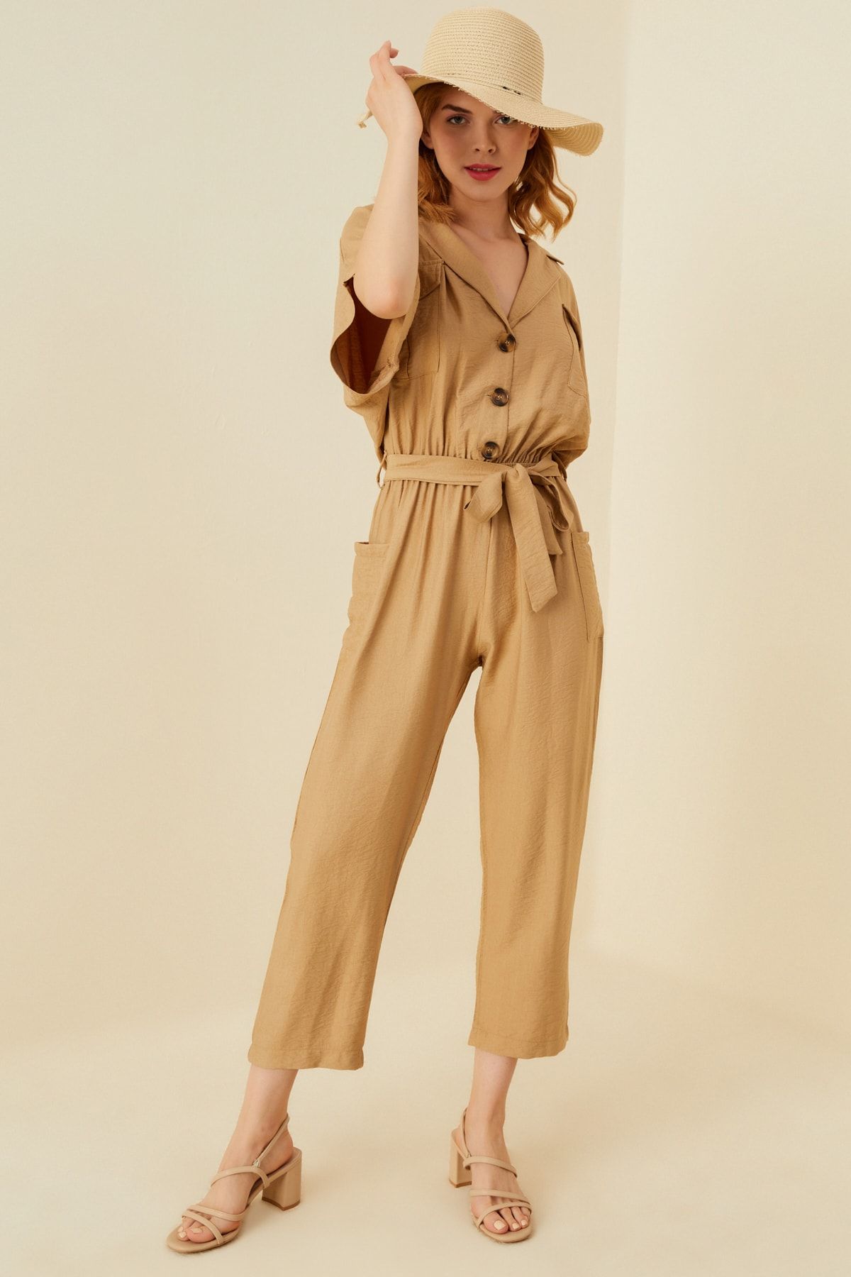 soBasic-Beige Belted Jumpsuit with Elastic Waist and Pocket Detail 5