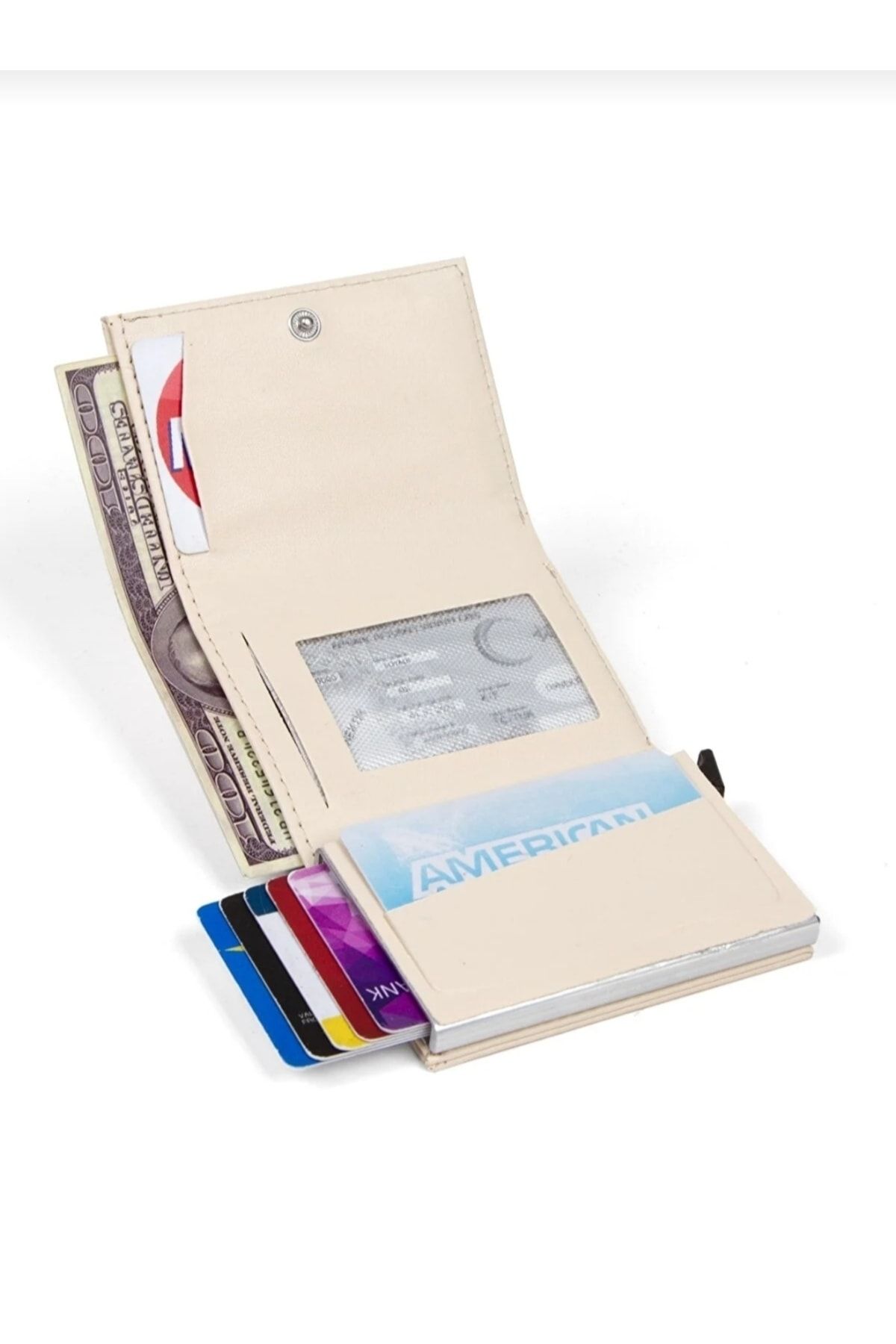 Newish Polo-Women's Beige Leather Mechanism Automatic Slide Card Holder Wallet with 8 Card Compartments (7CMX10CM) 4