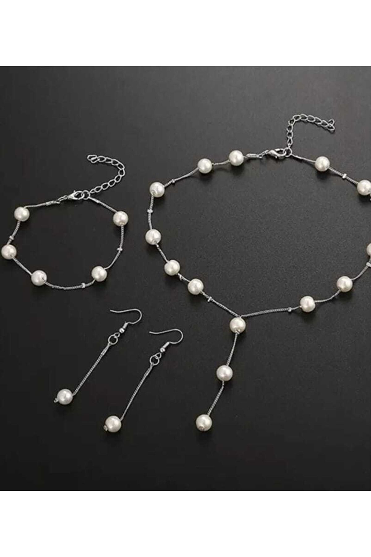 PAR AKSESUAR Pearl 3 Piece Silver Necklace Bracelet Earring Set