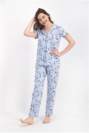 Kadın Buz Mavisi Önden Düğmeli Pijama Takımı RP-2416-CAG
