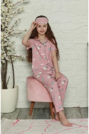 Kız Çocuk Kalp Desen Düğmeli Kısa Kol Pijama Takımı 3'lü Set Göz Bandı Hediyemizdir - Pembe Renk lolmcksummer