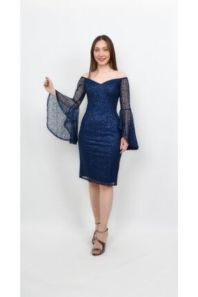 Kolu Tül Detaylı Gece Mavisi Rengi Pırıltılı Elbise AL-0153