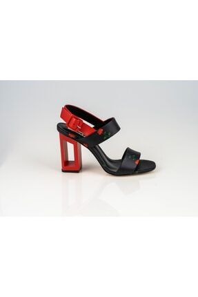 Kadın Siyah Kırmızı Pencere Topuk Detaylı Topuklu Ayakkabı 1994