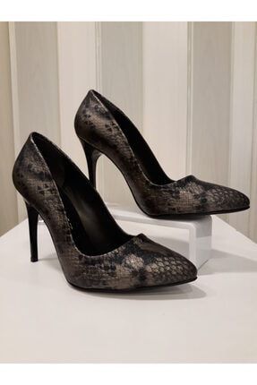 Gri Mat Yılan Desenli Topuklu Stiletto Kadın Ayakkabı 10 Cm OGUZ00003