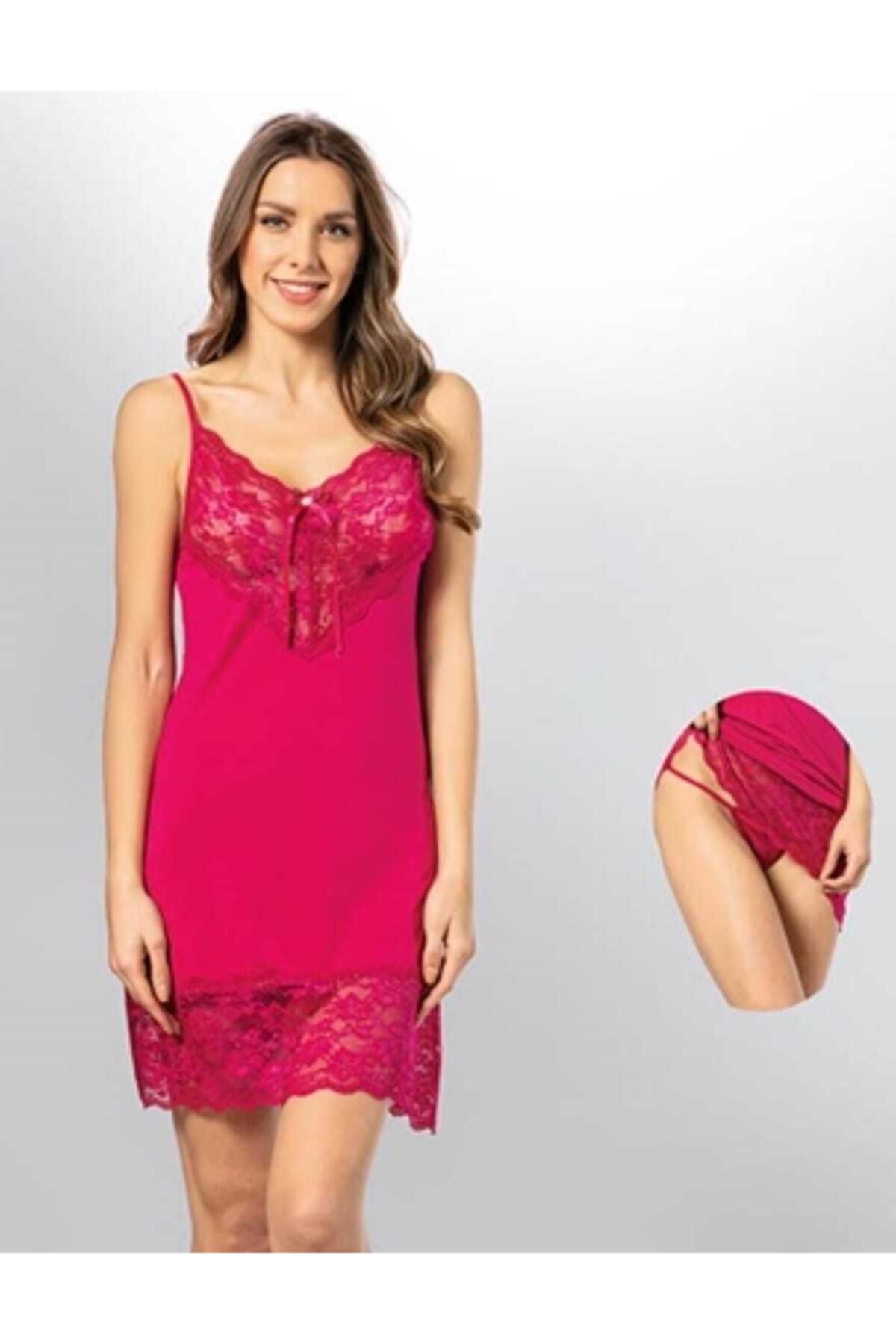 Genel Markalar Kadın Vişne Dantel Fiyonk Detaylı Gecelik Takımı 6298