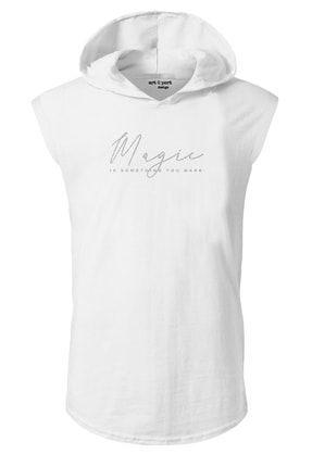 Unisex Beyaz Magic Kapüşonlu Kolsuz Gümüş Yaldız Desen Tshirt ART674