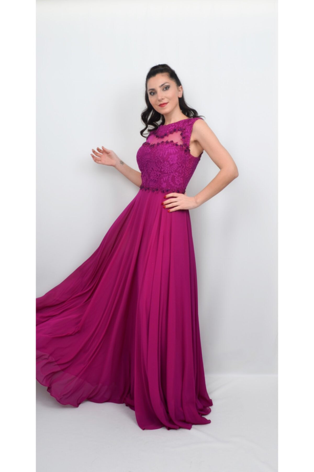 ALIS DRESS Женское вечернее платье цвета фуксии с кружевной отделкой AL-0136