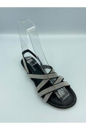 Kadın Siyah Gümüş Deri Örgü Taşlı Sandalet 00312-dncr