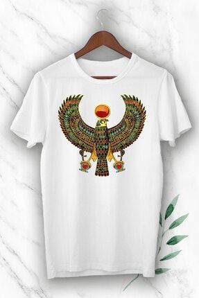 Unısex Beyaz Mitoloji Antik Mısır Horus Kartal Baskılı Tişört GNC 28