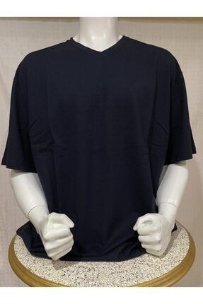 Erkek Lacivert V Yaka Büyük Beden T-shirt Battal kısa kol T-Shirt 6