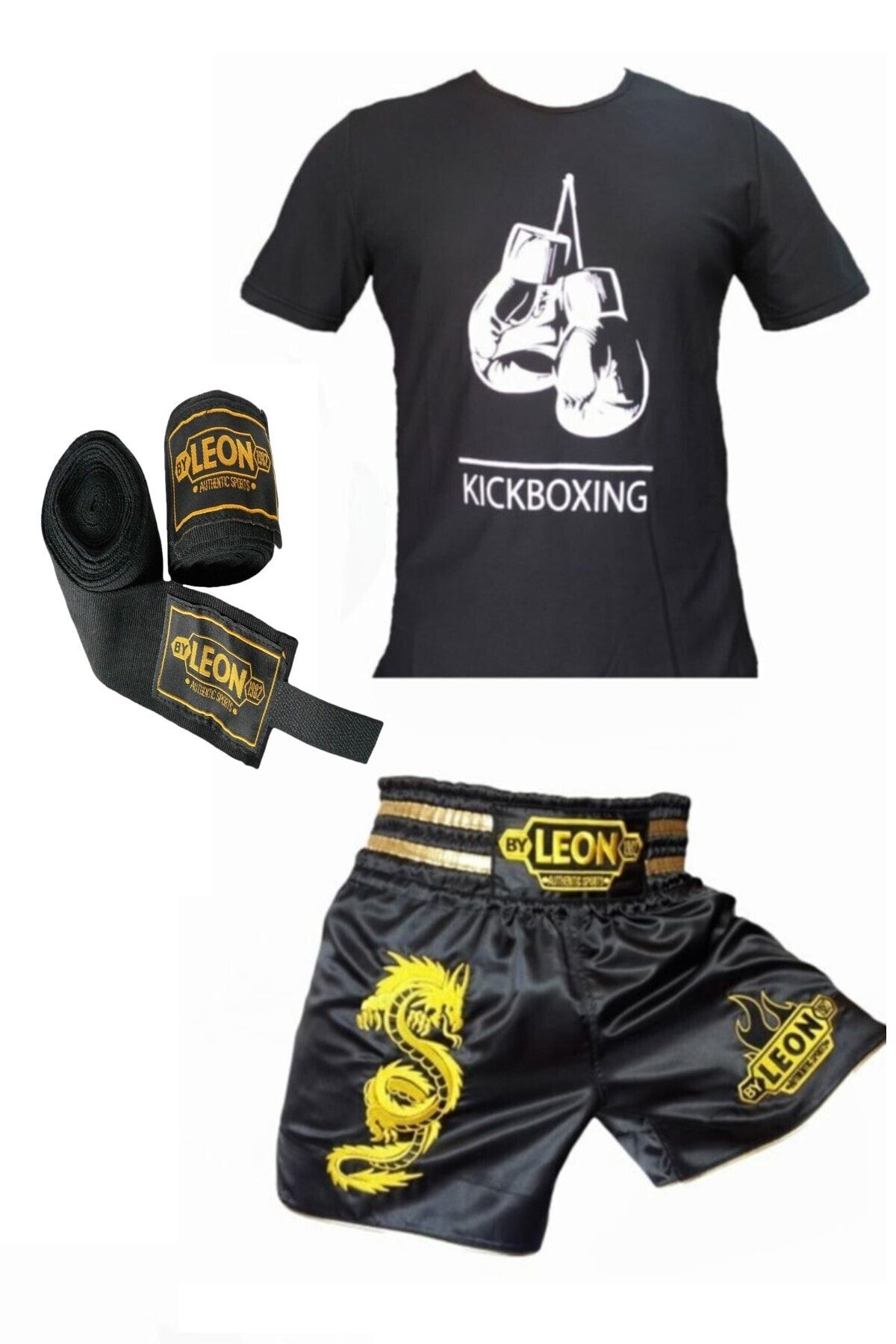 تجهیزات بوکس مشکی Kickboxing ، Boxing Thai T shirt Shorts Set Bandage مجموعه 3.5 متر By Leon 1982
