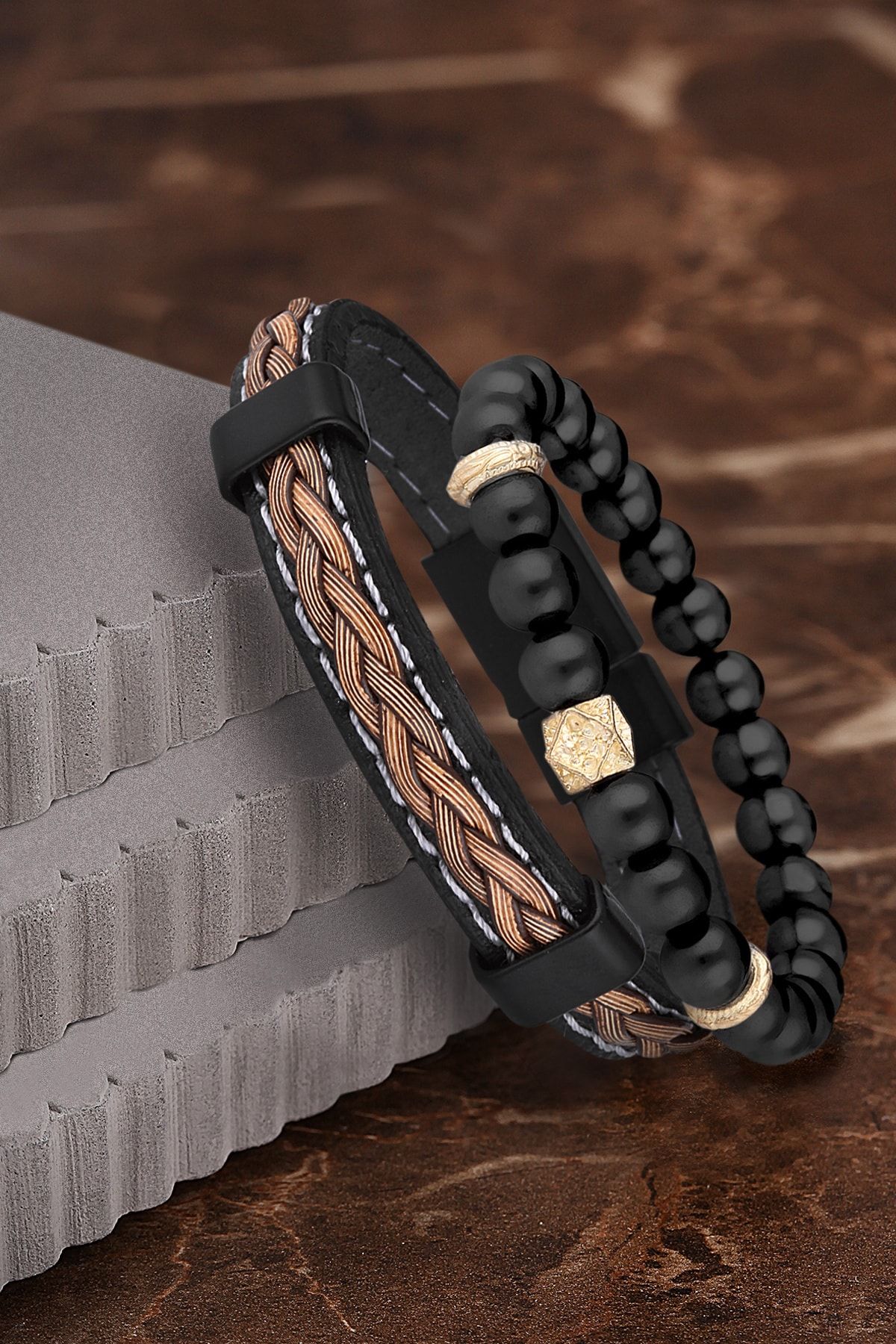 Mens leather deals gold bracelet