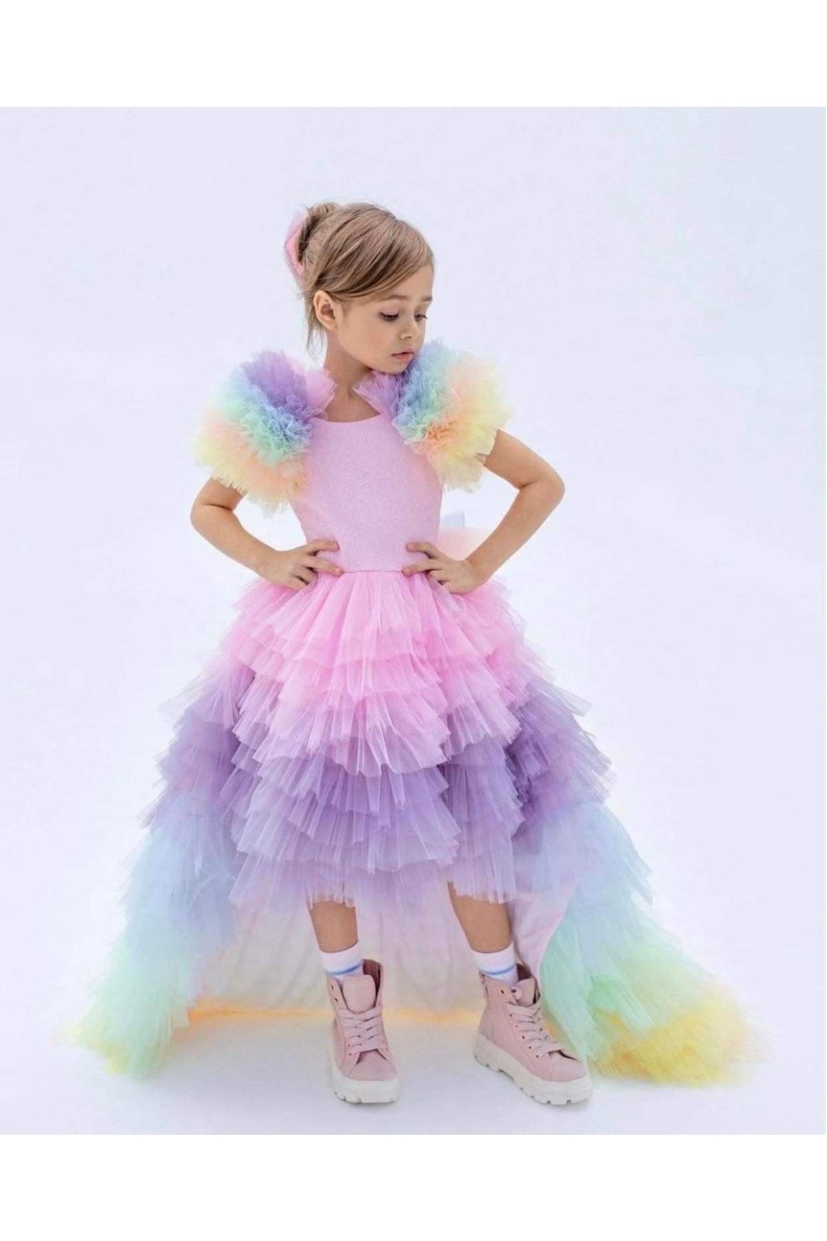 Kız Çocuk Çok Renkli Unicorn Doğum Günü Parti Özel Gün Elbisesi