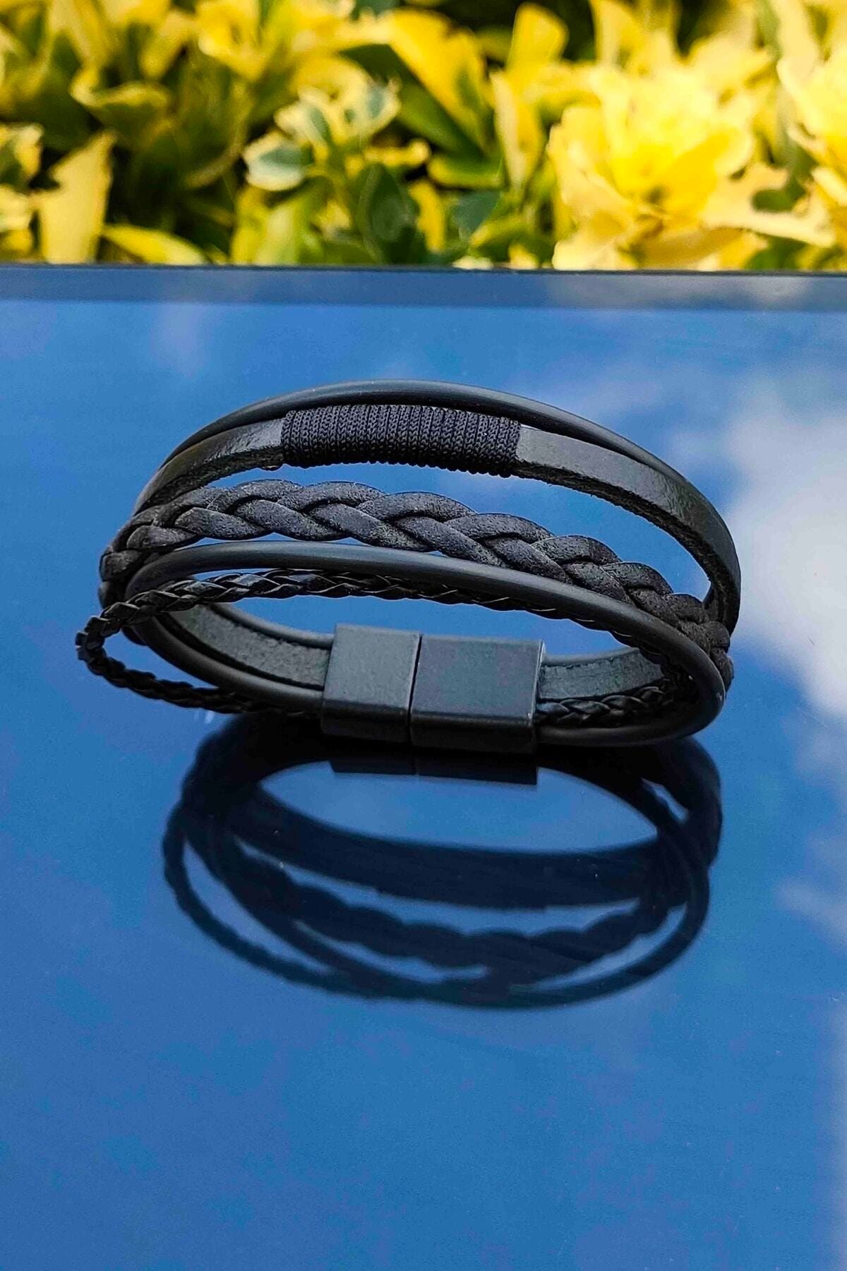 TREND COLLECT ON Genuine Leather Bracelet Wicker Braided Row of 5