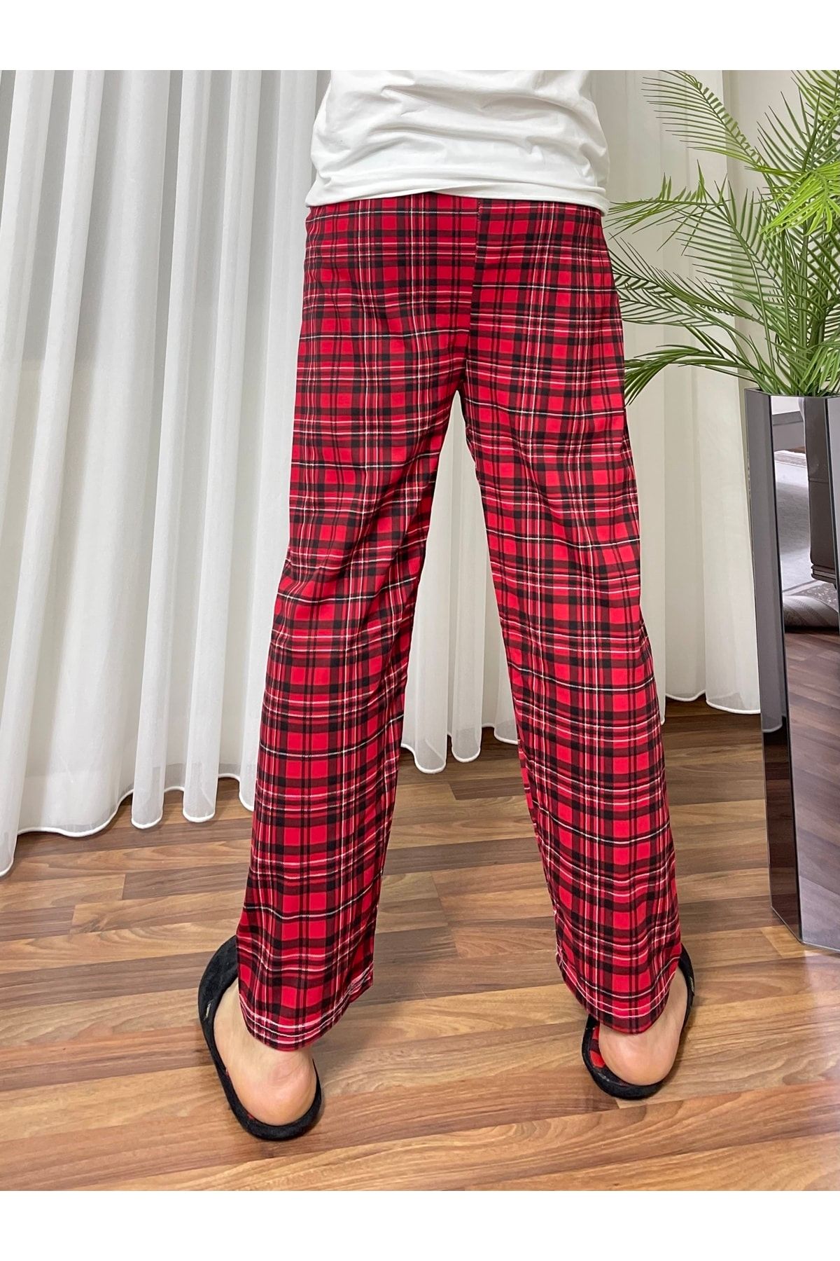 Betimoda Erkek Pamuklu Cepsiz Ekose Desenli Pijama Altı Eşofman ZR9325