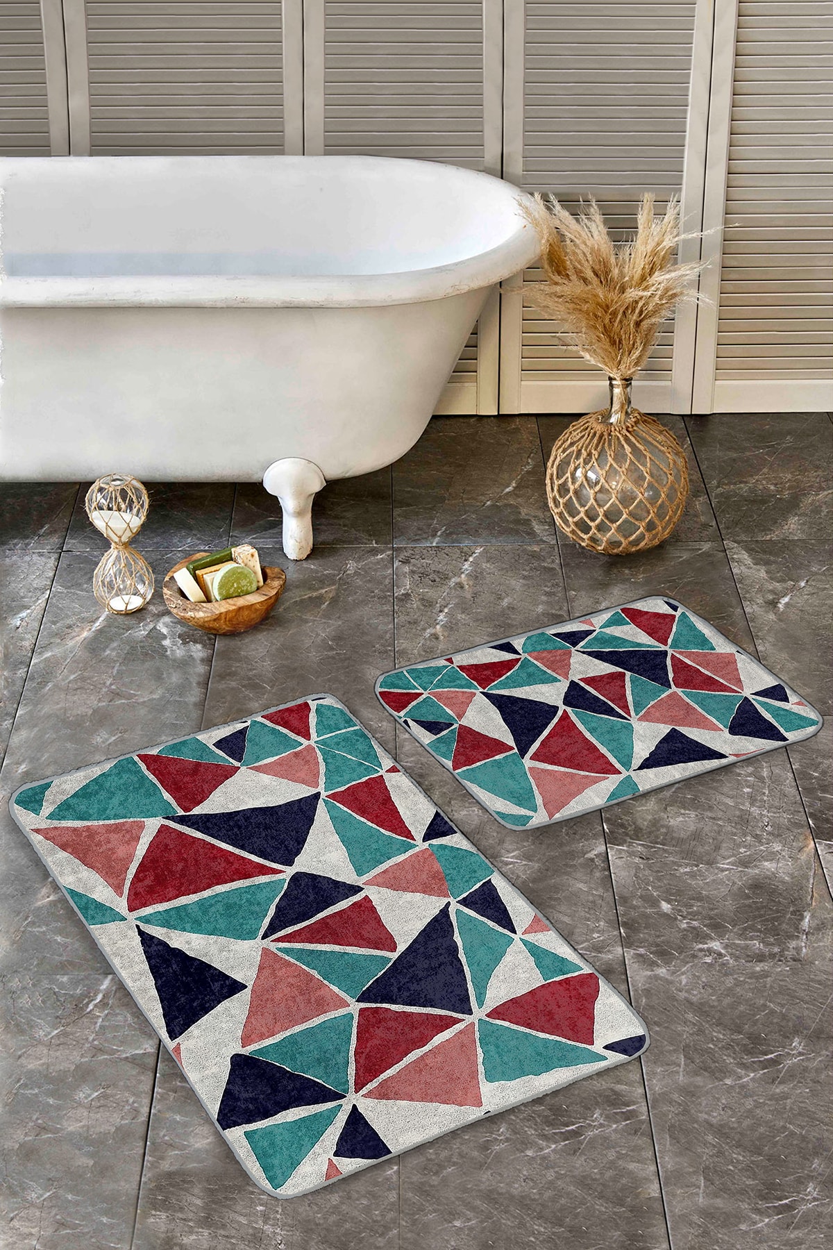 Realhomes-Set of 2 Geometric Patterned with Triangle Motif on Gray Floor, Simple & Stylish 2-Piece Bath Mat Set 5