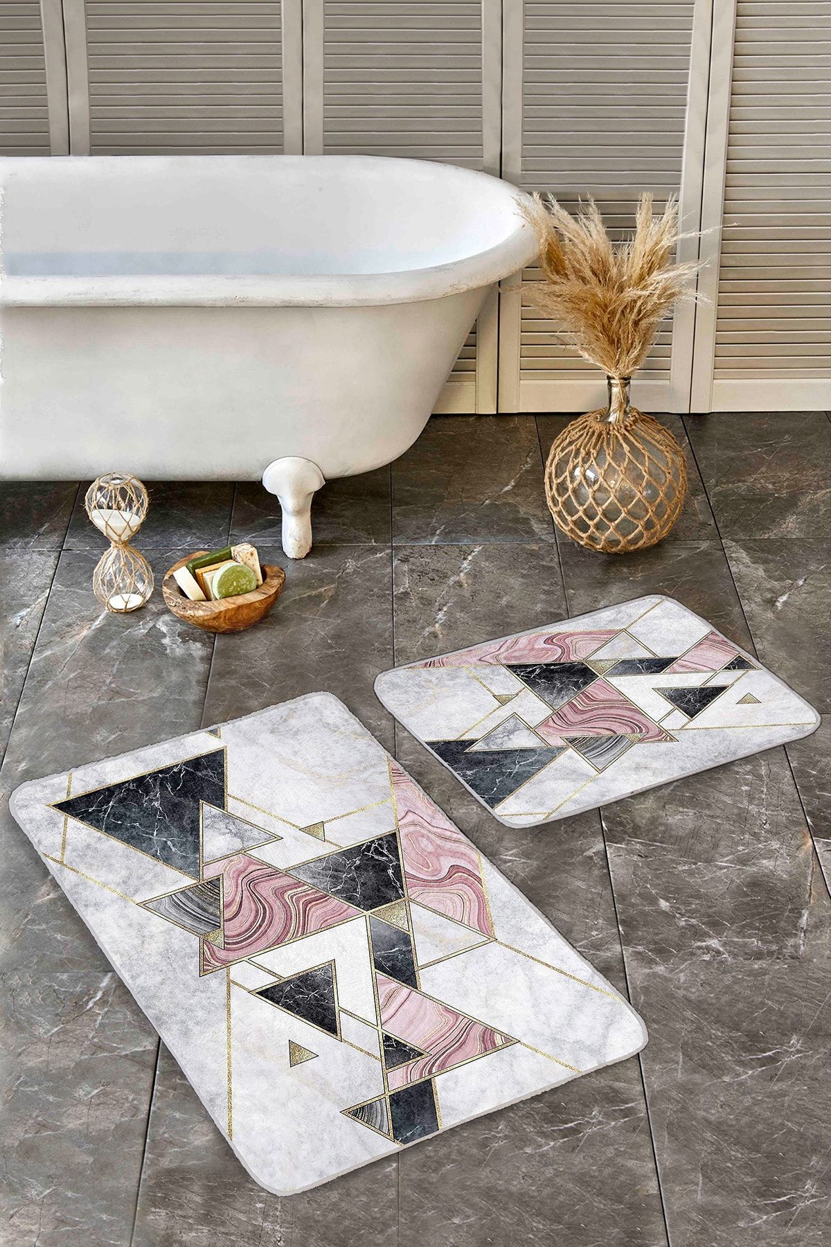 Realhomes-Set of 2 Geometric Patterned with Triangle Motifs on Marble Floor, Simple & Stylish 2-Piece Bath Mat Set 1