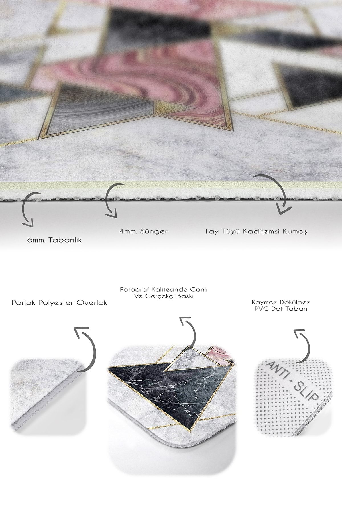 Realhomes-Set of 2 Geometric Patterned with Triangle Motifs on Marble Floor, Simple & Stylish 2-Piece Bath Mat Set 4