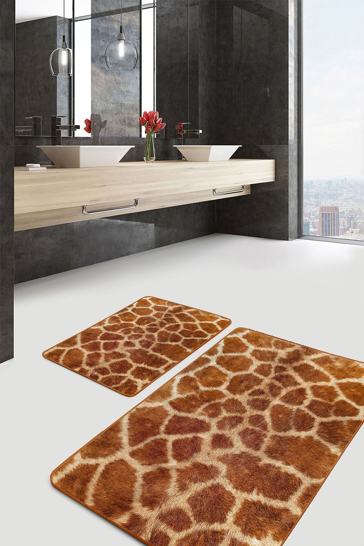 Realhomes-Set of 2 Giraffe Motif Fur Pattern on Brown Floor Simple & Stylish Classic 2-Piece Bath Mat Set 2