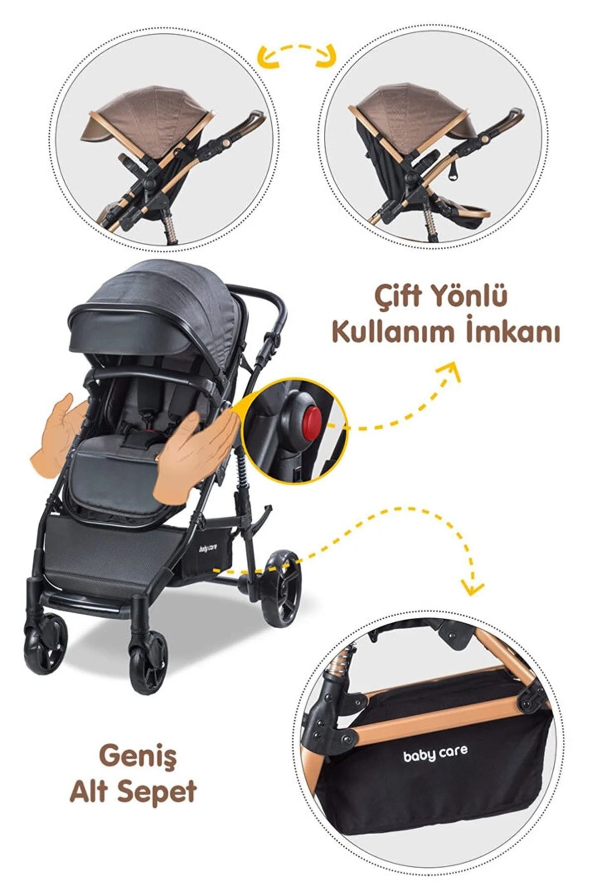 Baby Care Amortisörlü Katlanabilir Oto Koltuklu Travel Sistem Bebek Arabası Bc340 Oyuncak Armağanlı SN12302
