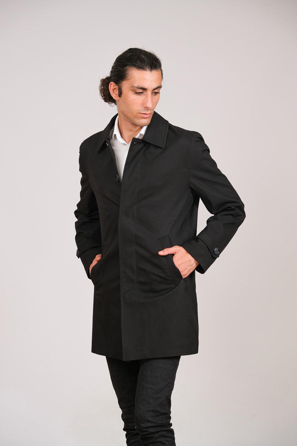 Witwork-Black Trench Coat - Jacket Collar and Hidden Buttons 2