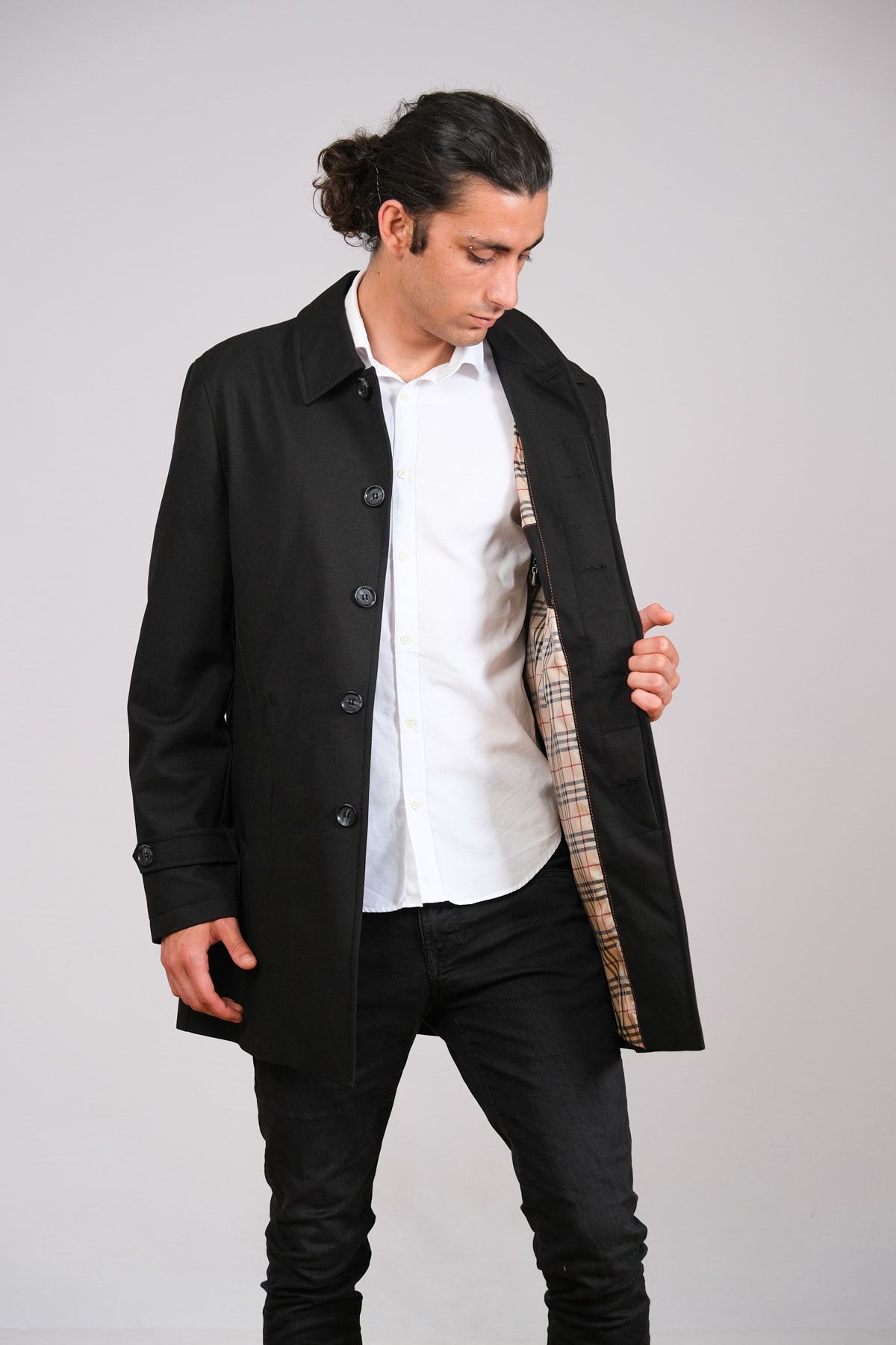 Witwork-Black Trench Coat - Jacket Collar and Hidden Buttons 3