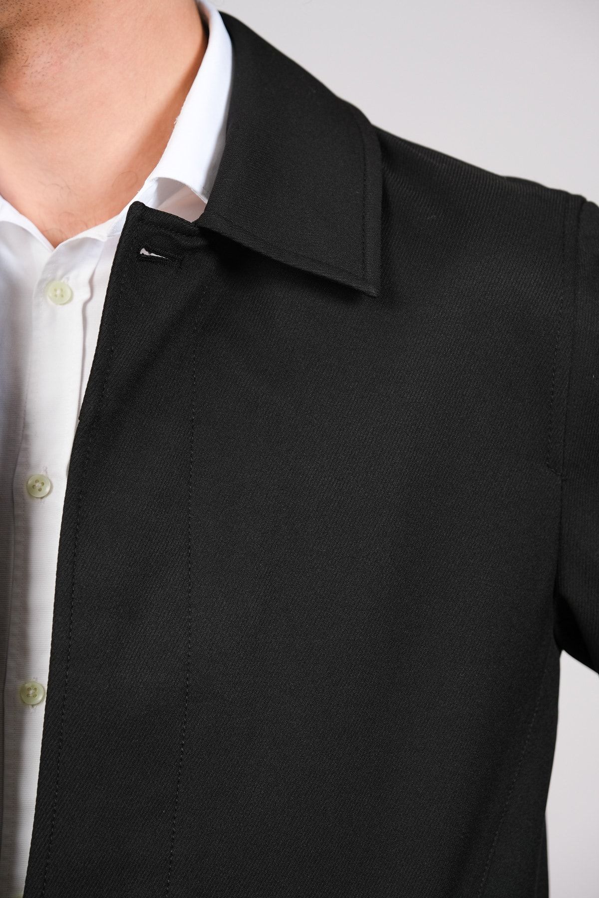 Witwork-Black Trench Coat - Jacket Collar and Hidden Buttons 4