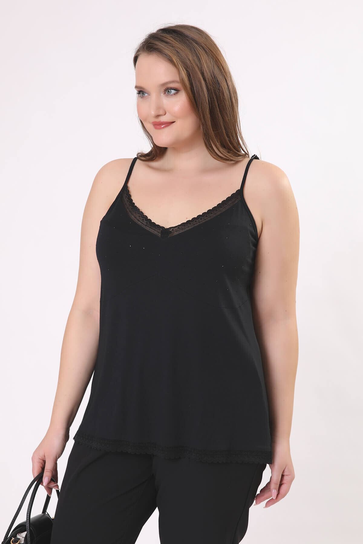 Büyük Moda Dantel Ve Taş Detaylı Bluz SE6725