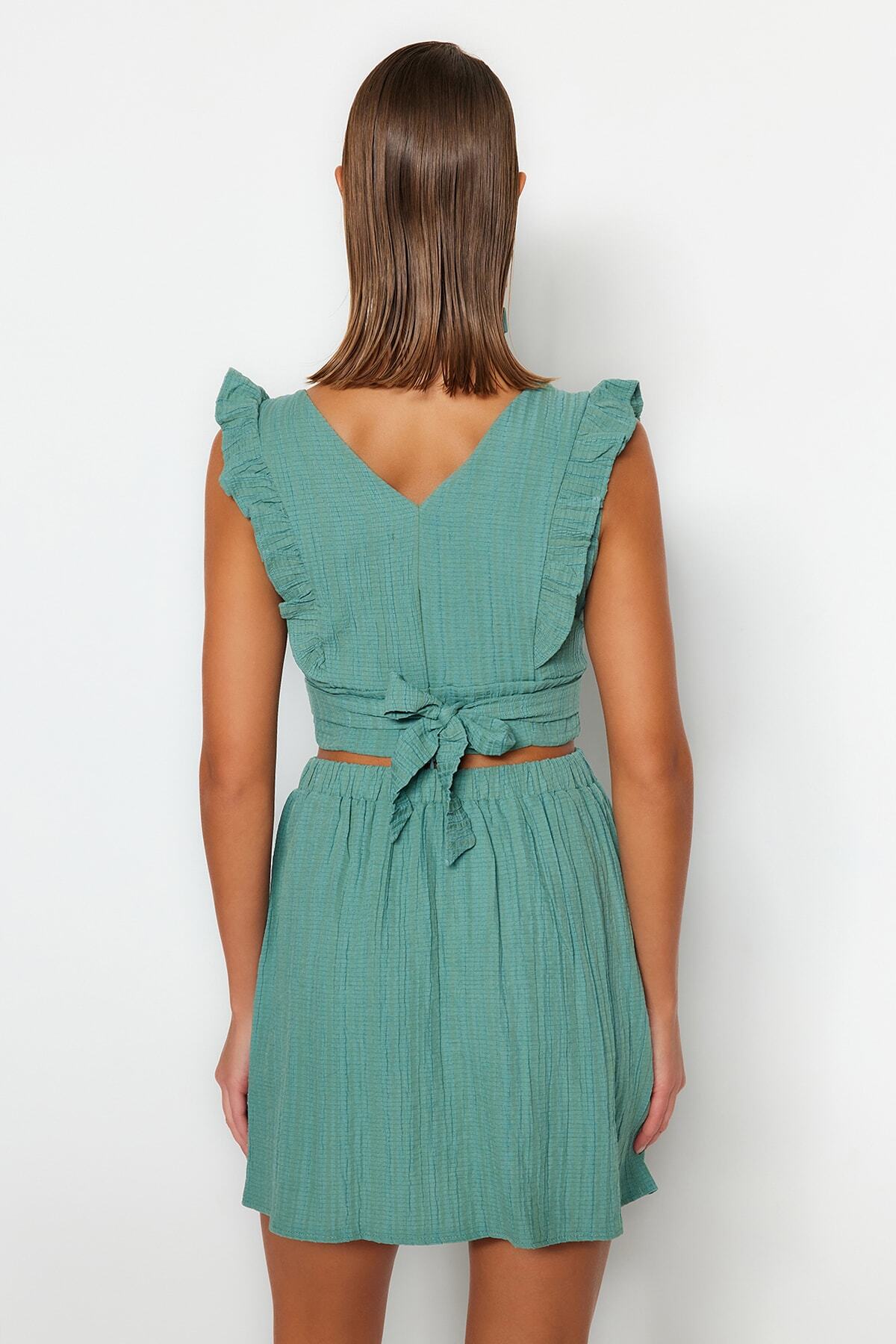 Trendyol Collection-Khaki szőtt fodros blúz szoknya szett TBESS23AU00126 6